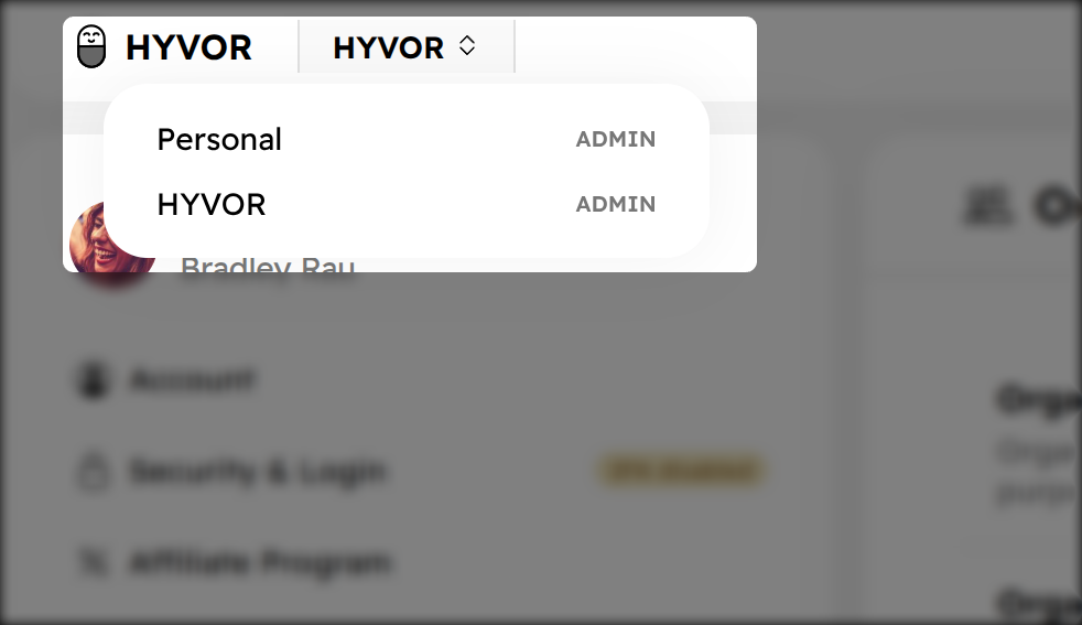 Organization Switcher in HYVOR Bar